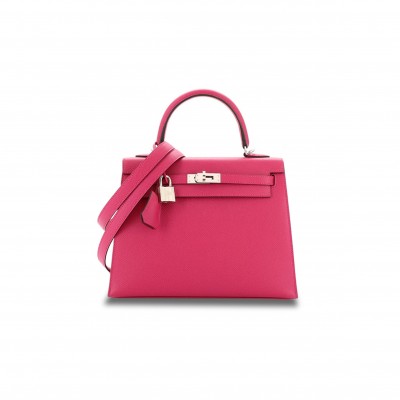 HERMÈS KELLY HANDBAG ROSE POURPRE EPSOM WITH PALLADIUM HARDWARE 25 (25*17*7cm) 
